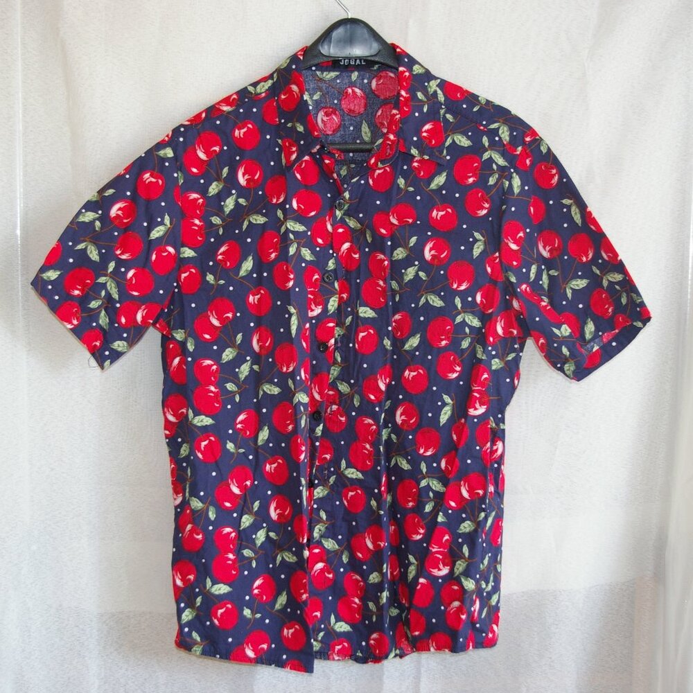 Jogal Blue Button Shirt with Cherry Pattern